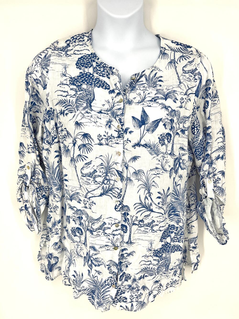 Nicole Miller Womans Blue White Toile Print Linen Blouse Button Sleeves Size 1X
